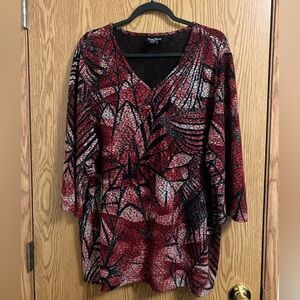 Maggie Barnes 1X Red and Black Patterned V-Neck Top Dressy Lined